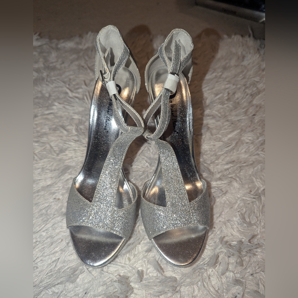 Michael Antonio Silver glitter Open Toe Stilet Heels Women's Sz 7.5